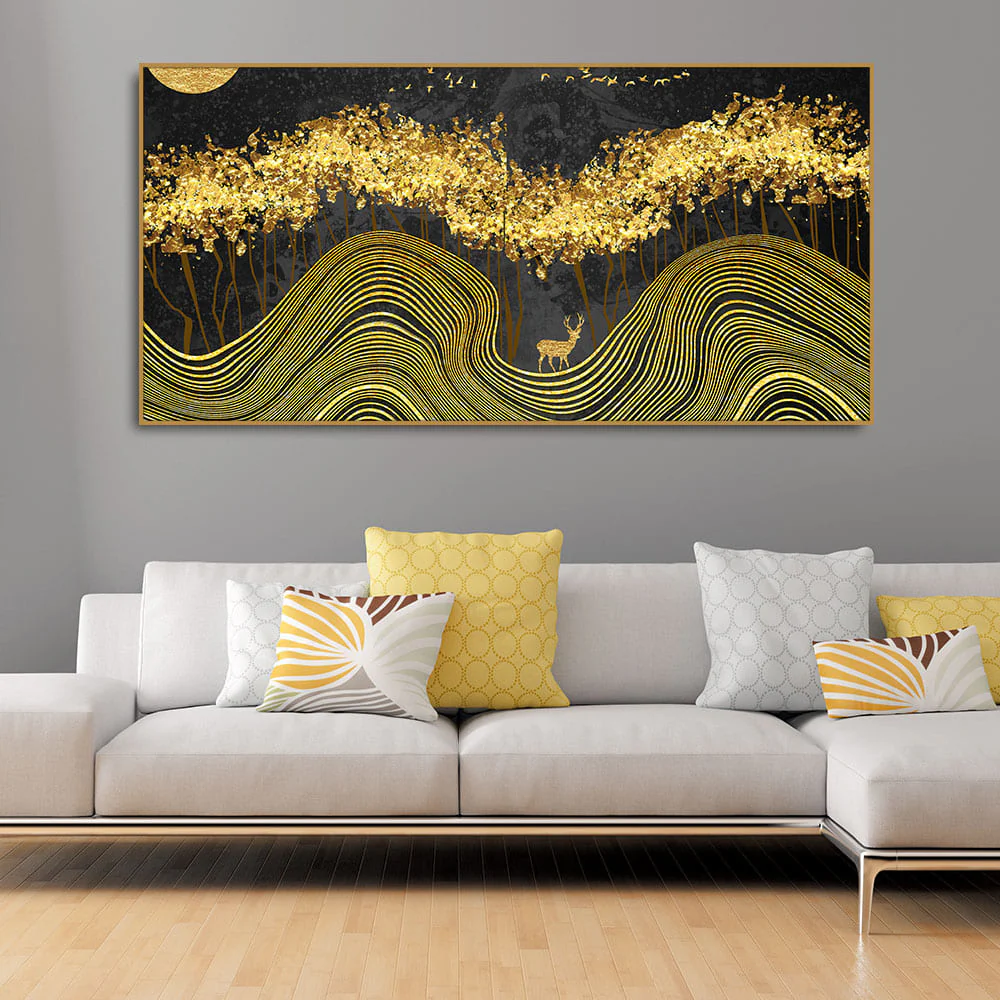 Miraculous Landscape with Golden Deer Texture Canvas Wall Painting - Image 3