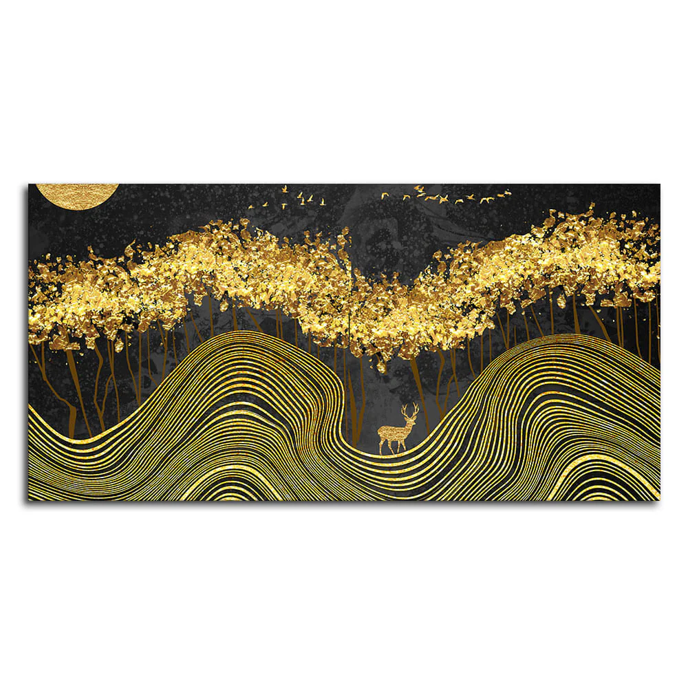 Miraculous Landscape with Golden Deer Texture Canvas Wall Painting - Image 4