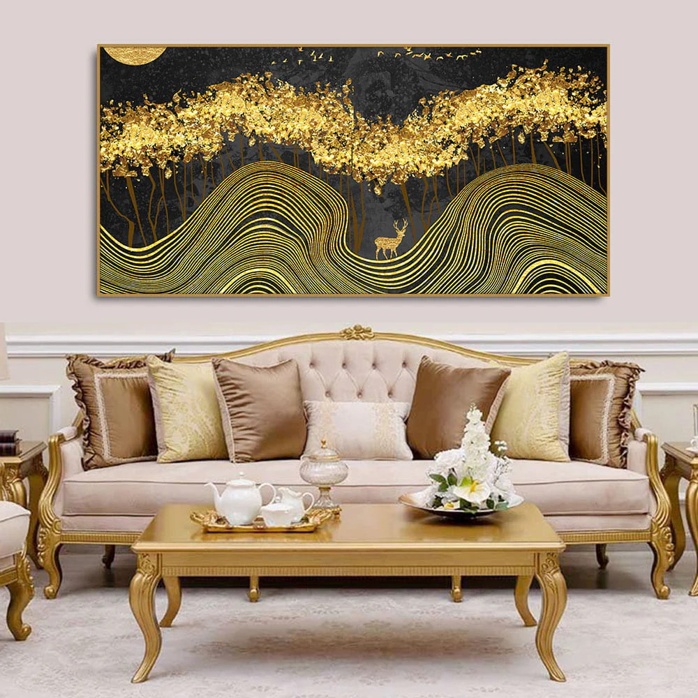 Miraculous Landscape with Golden Deer Texture Canvas Wall Painting - Image 8
