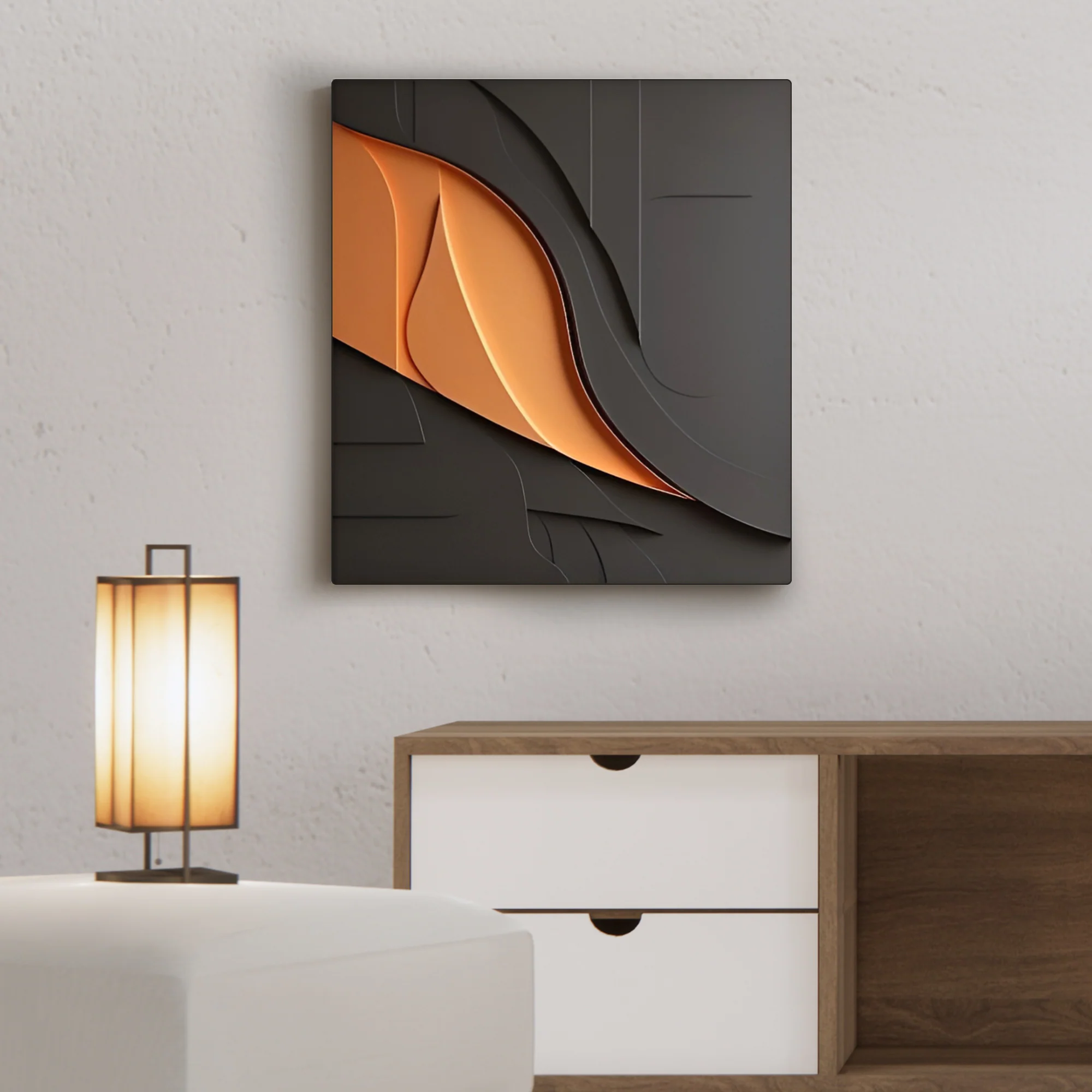 Modern 3D Wall Art Panel with Black and Orange Abstract Design - Image 2