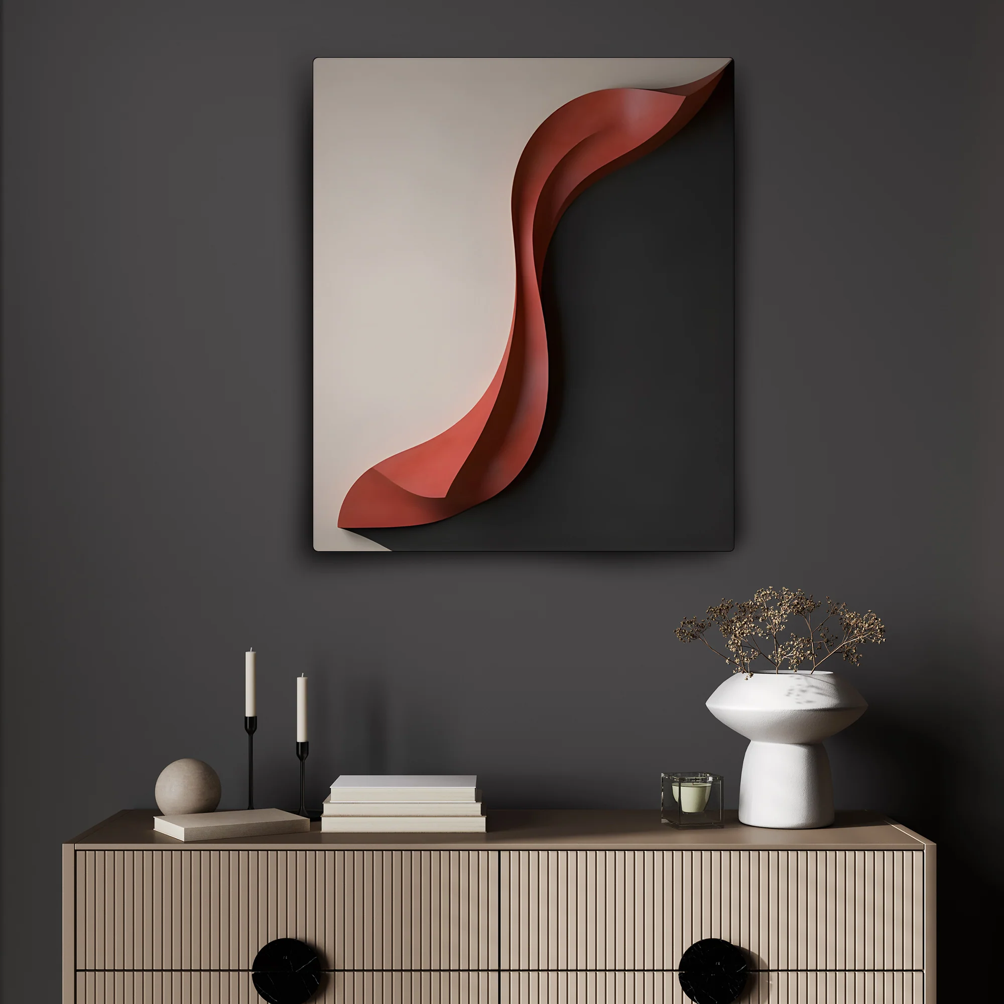 Modern 3D Wall Art Panel with Red Wave on Black and White Background - Image 2