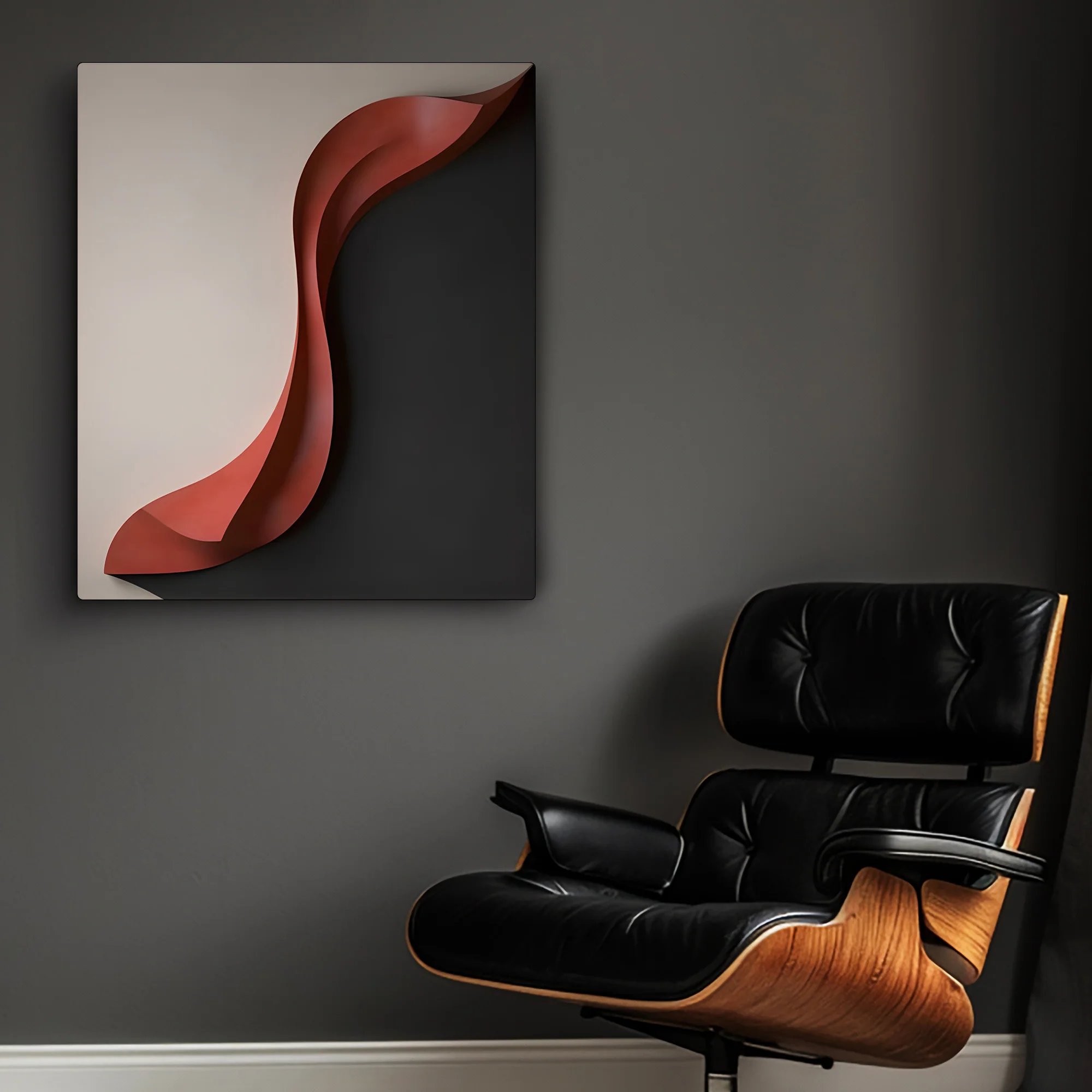 Modern 3D Wall Art Panel with Red Wave on Black and White Background - Image 3