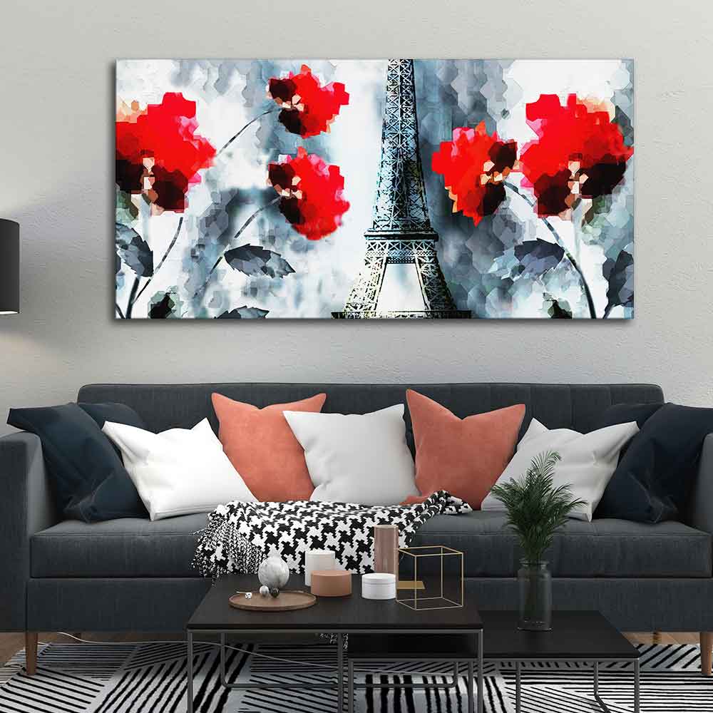 Modern Abstract Art Eiffel Tower and Flowers Wall Painting - Image 2