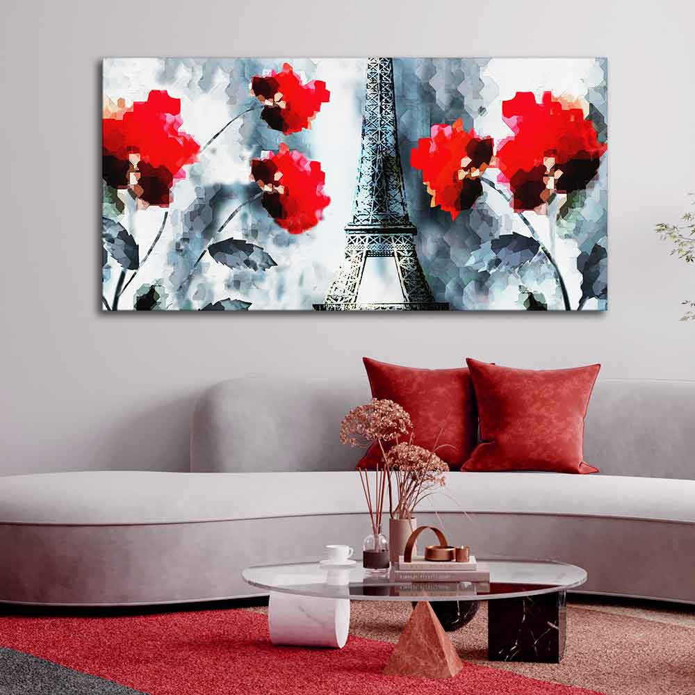 Modern Abstract Art Eiffel Tower and Flowers Wall Painting - Image 3
