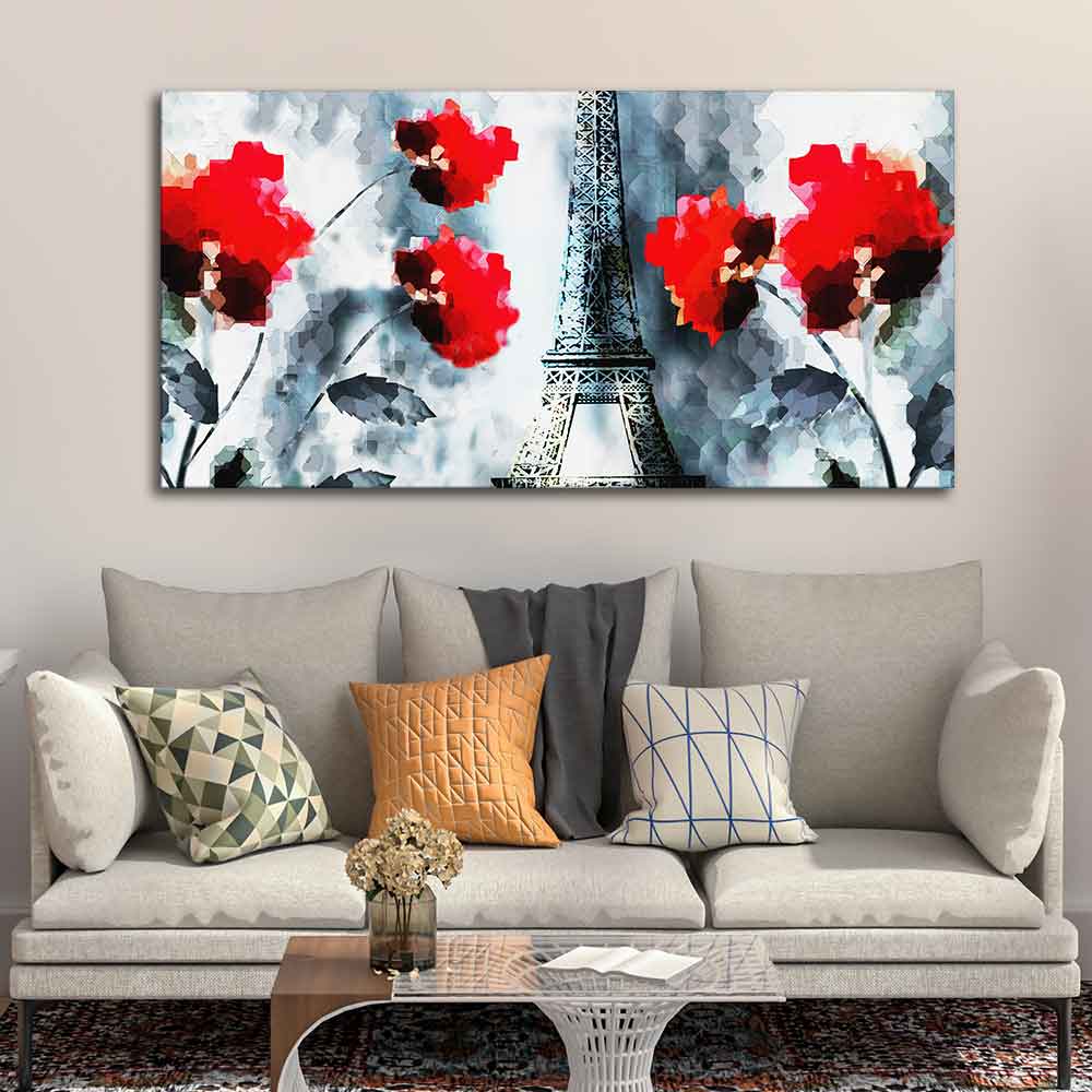 Modern Abstract Art Eiffel Tower and Flowers Wall Painting - Image 4