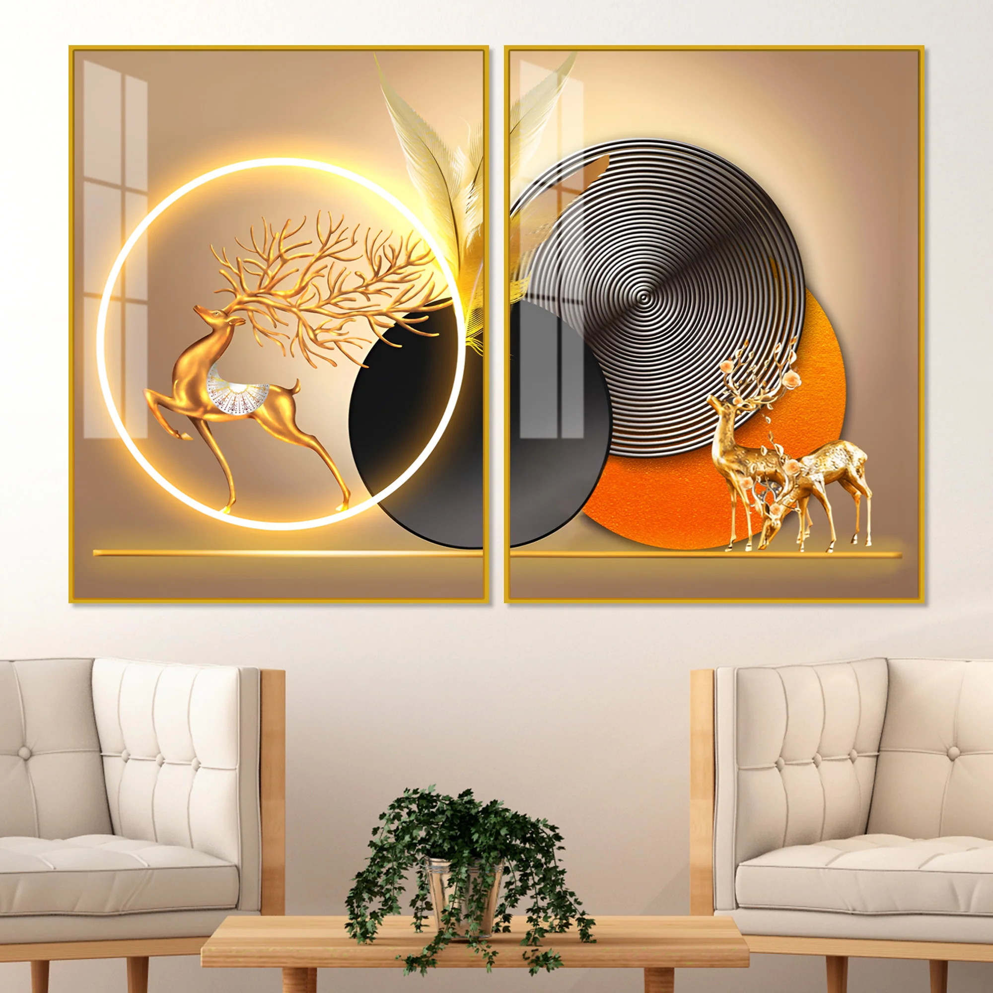 Modern Abstract Golden Deer Acrylic Art Floating Wall Painting Set Of 2 - Image 2