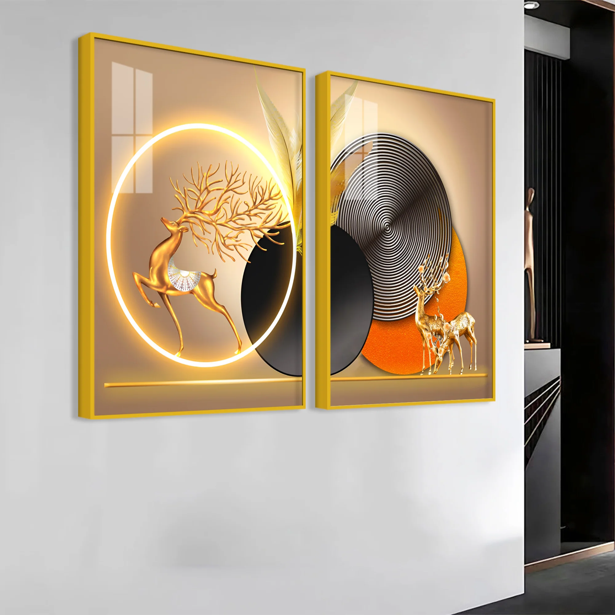 Modern Abstract Golden Deer Acrylic Art Floating Wall Painting Set Of 2 - Image 3