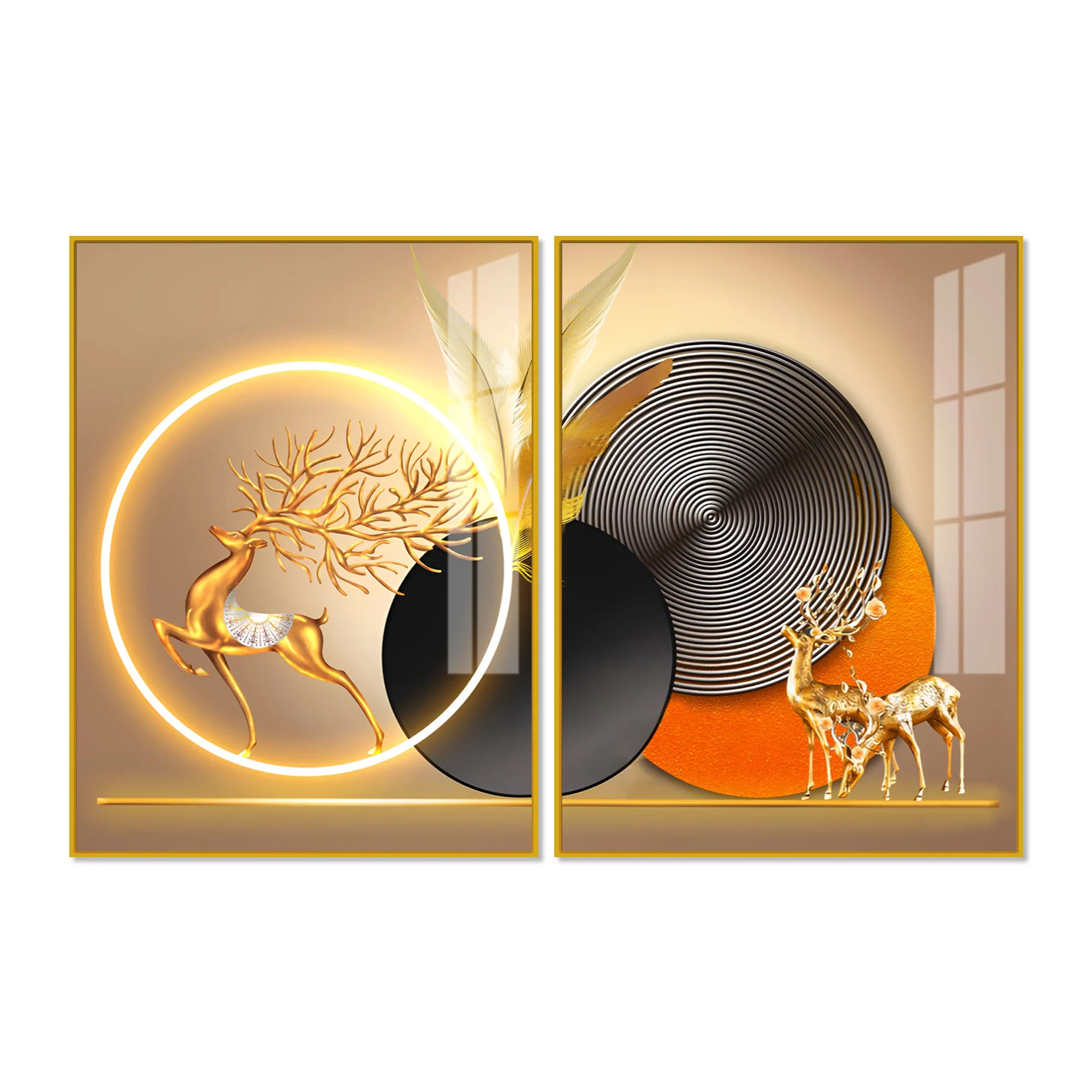 Modern Abstract Golden Deer Acrylic Art Floating Wall Painting Set Of 2 - Image 4