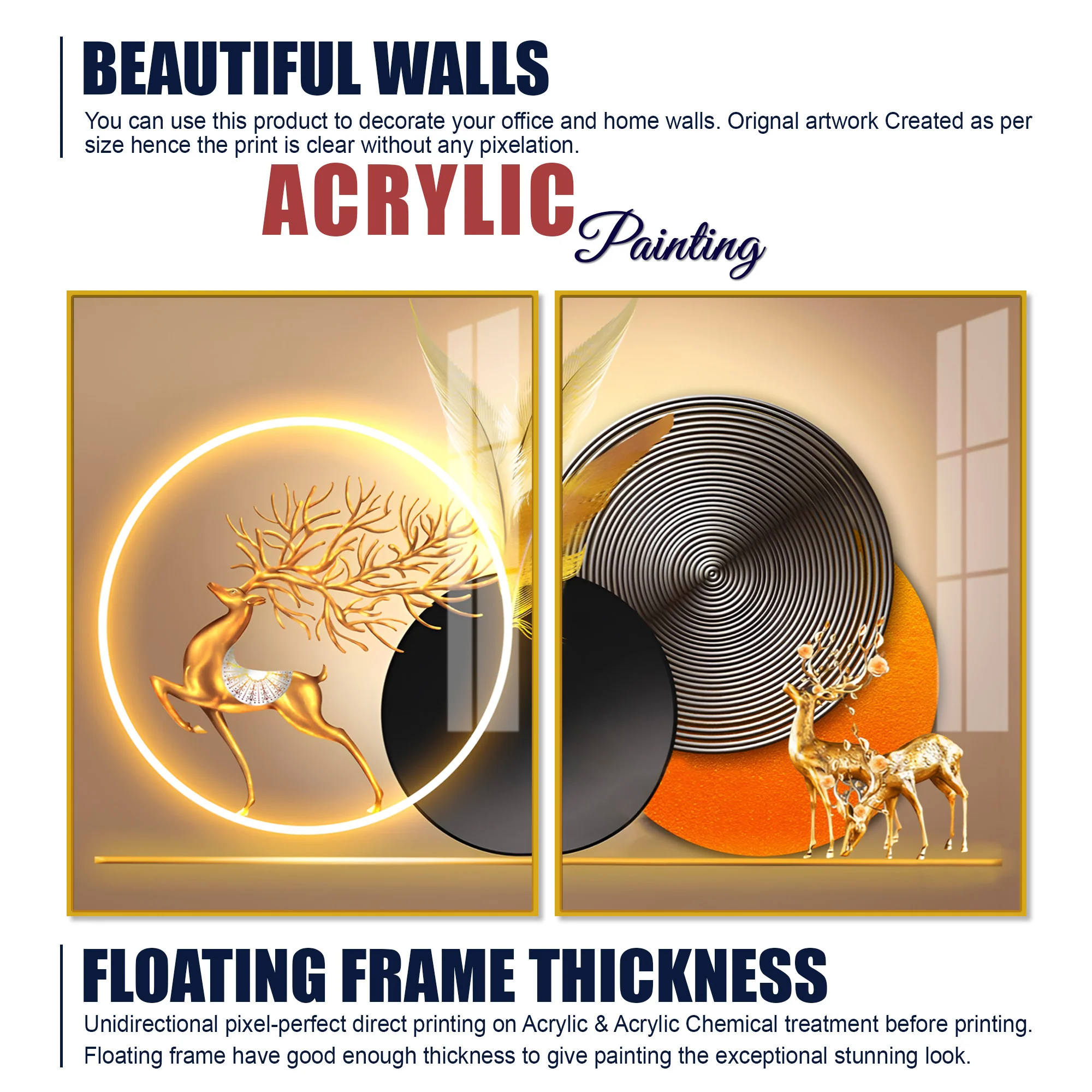 Modern Abstract Golden Deer Acrylic Art Floating Wall Painting Set Of 2 - Image 5