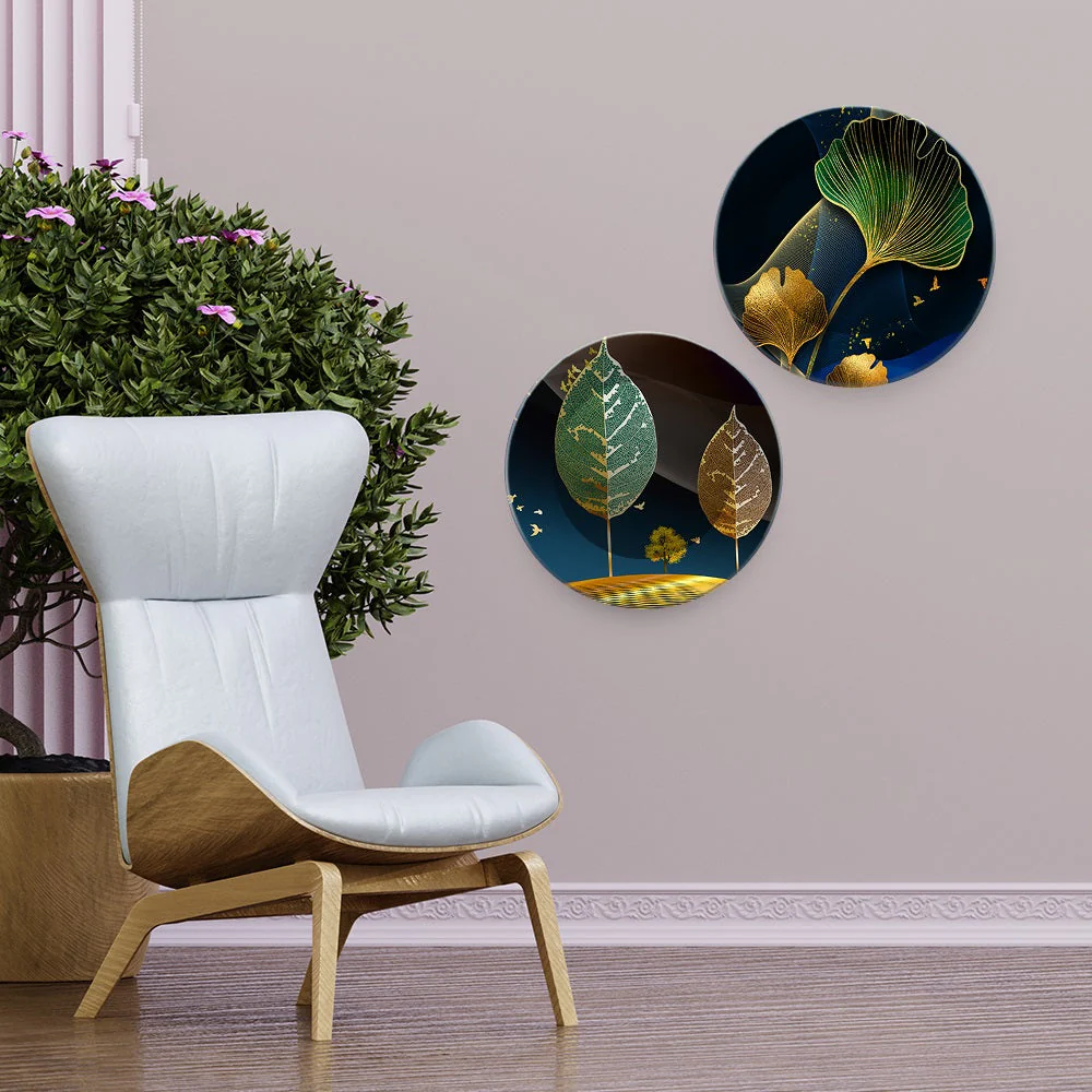 Modern Abstract Golden Leaf Art Premium Wall Hanging Plates of Two Pieces - Image 2