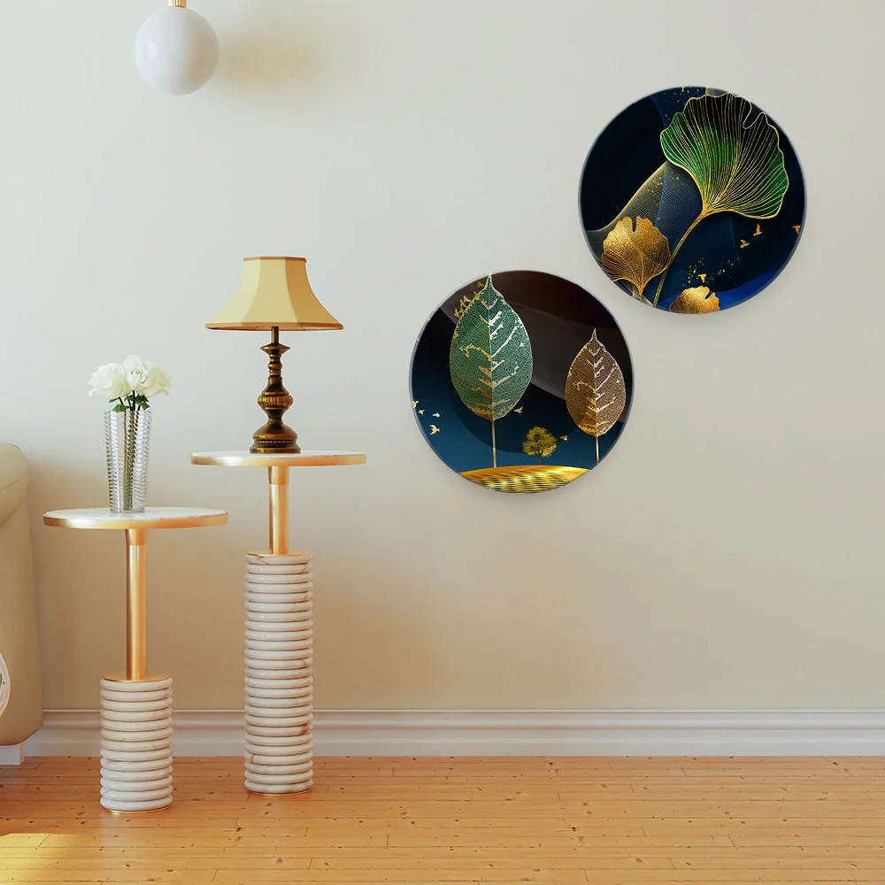 Modern Abstract Golden Leaf Art Premium Wall Hanging Plates of Two Pieces - Image 3