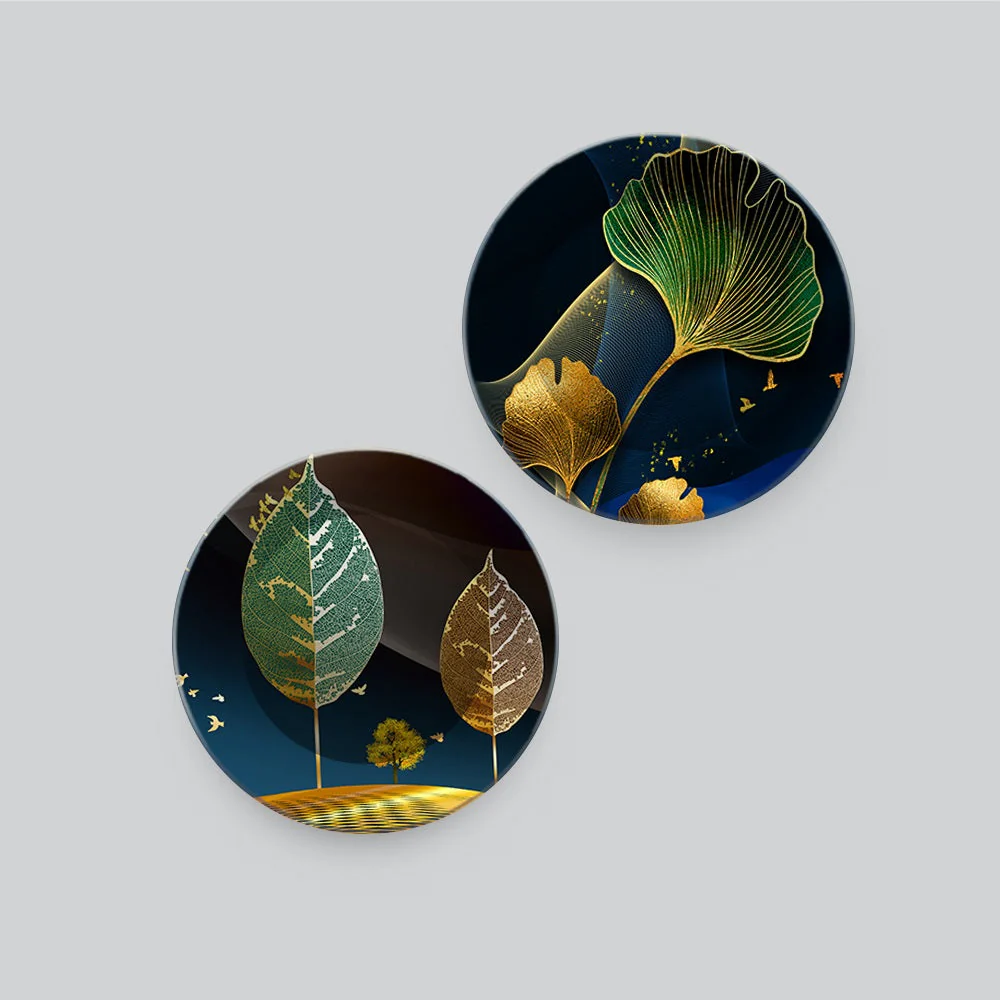 Modern Abstract Golden Leaf Art Premium Wall Hanging Plates of Two Pieces - Image 4