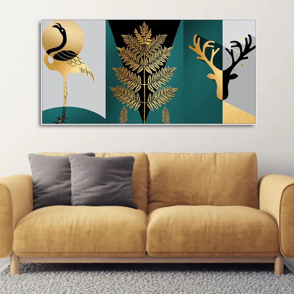 Modern Abstract Golden Leaf Flamingo Deer Antlers Canvas Wall Painting