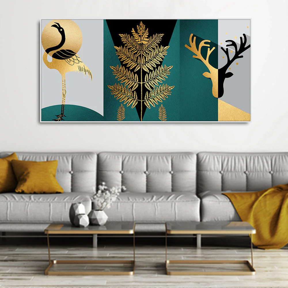 Modern Abstract Golden Leaf Flamingo Deer Antlers Canvas Wall Painting - Image 3
