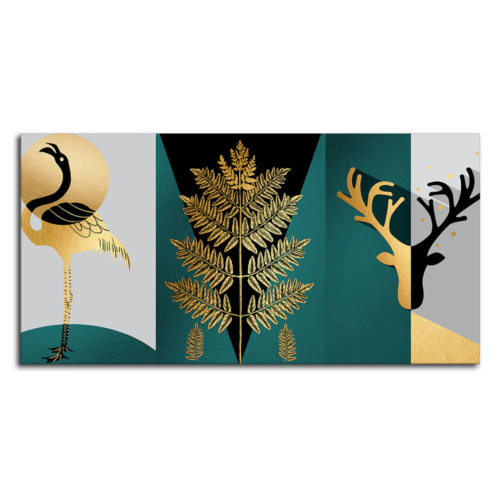 Modern Abstract Golden Leaf Flamingo Deer Antlers Canvas Wall Painting - Image 4