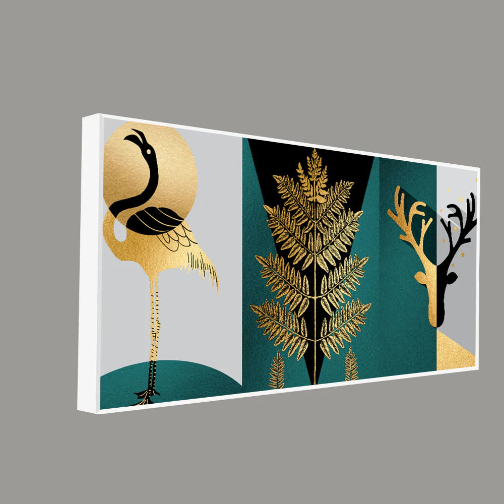 Modern Abstract Golden Leaf Flamingo Deer Antlers Canvas Wall Painting - Image 5