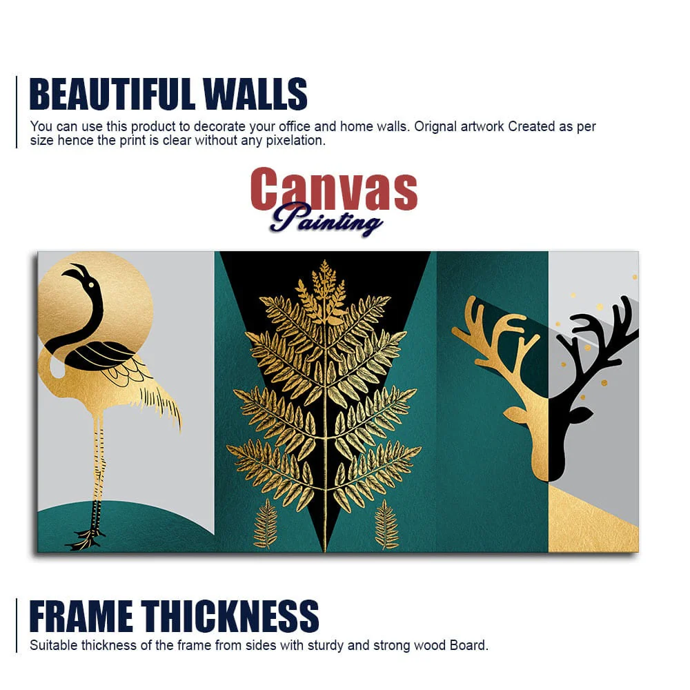 Modern Abstract Golden Leaf Flamingo Deer Antlers Canvas Wall Painting - Image 6