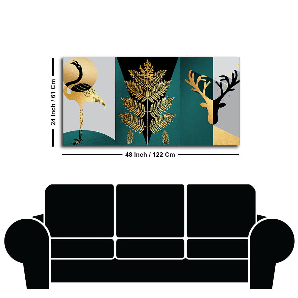 Modern Abstract Golden Leaf Flamingo Deer Antlers Canvas Wall Painting - Image 7