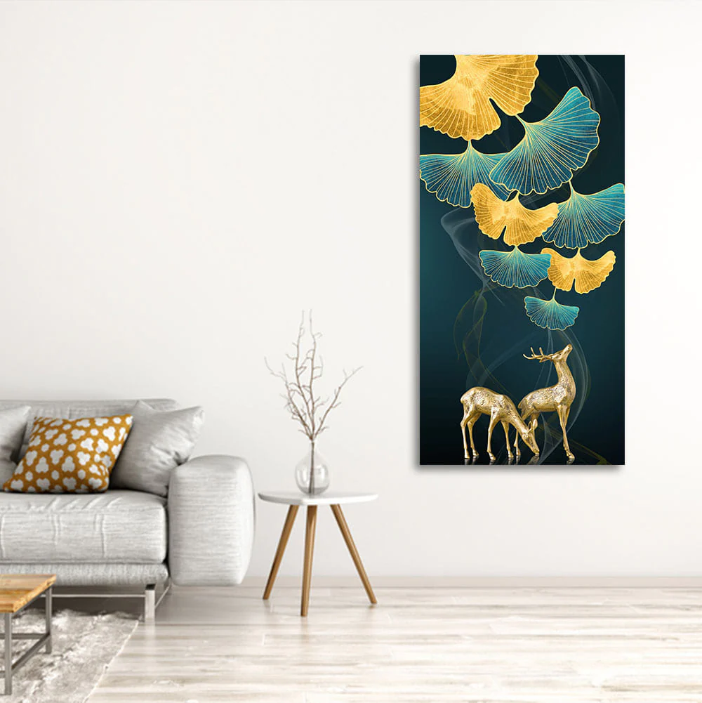 Modern Abstract Green Leaf with Deer Premium Canvas Wall Painting - Image 2