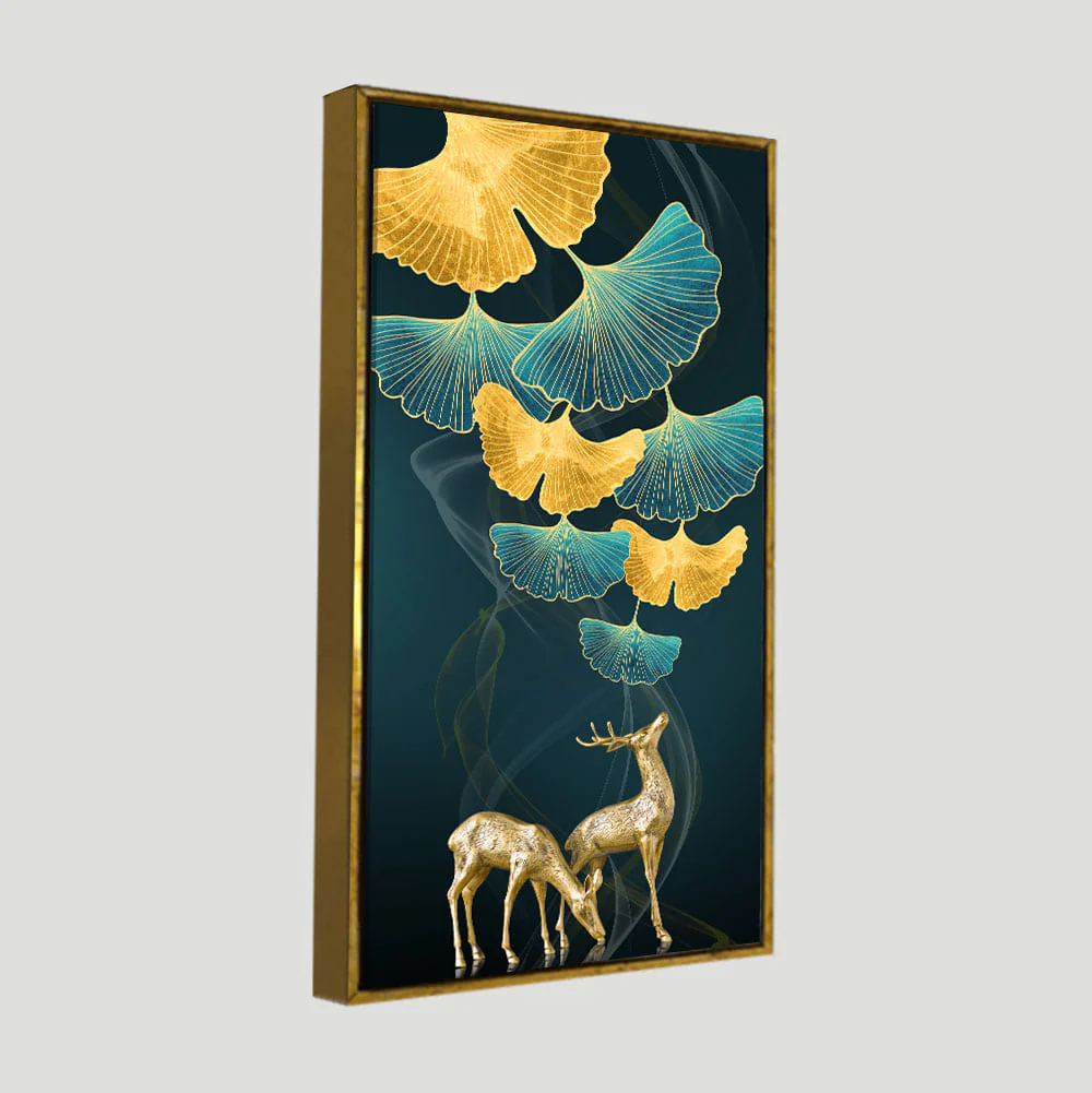Modern Abstract Green Leaf with Deer Premium Canvas Wall Painting - Image 5