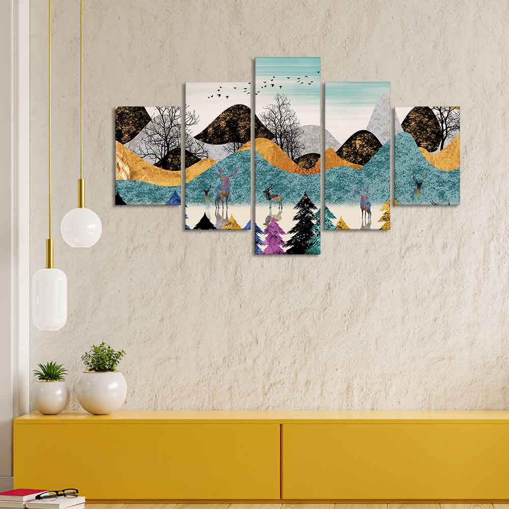 Modern Art Forest Premium Wall Painting Five Pieces Set - Image 2