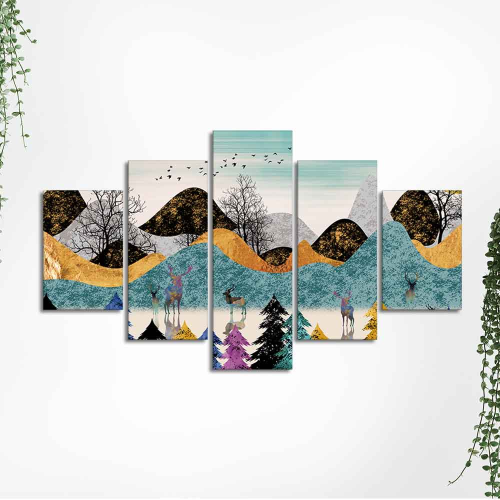Modern Art Forest Premium Wall Painting Five Pieces Set - Image 5
