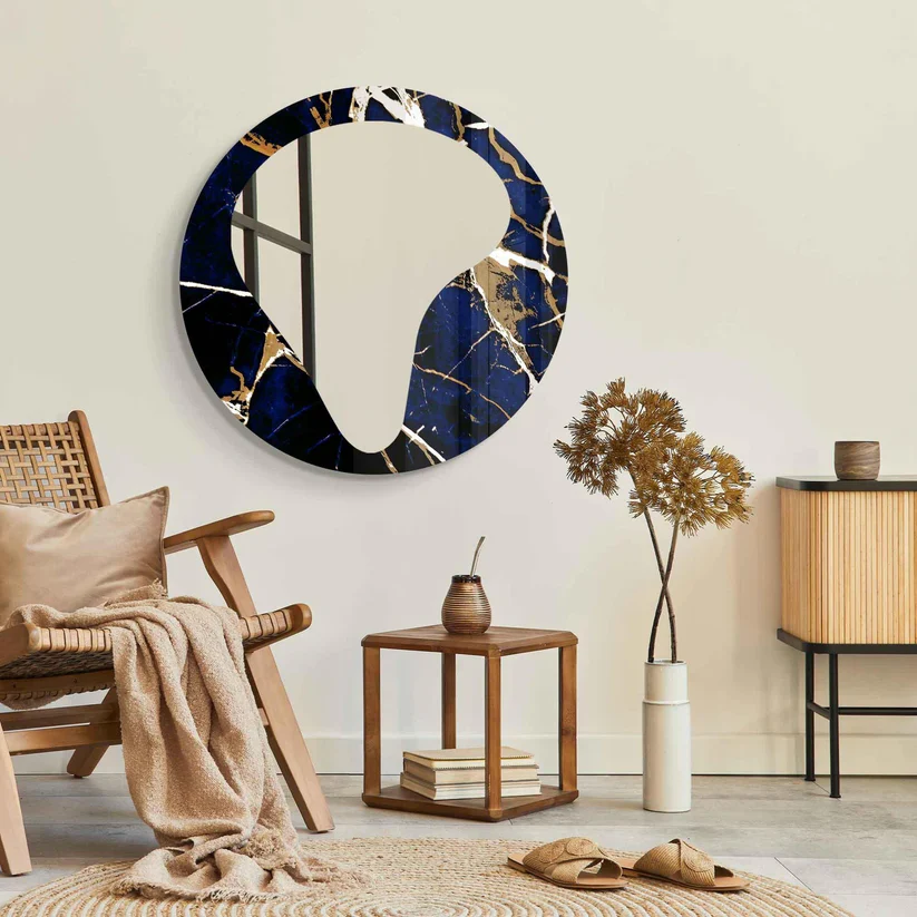 Modern Art Inspired Round Acrylic Wall Mirror with Marble Effect - Image 2