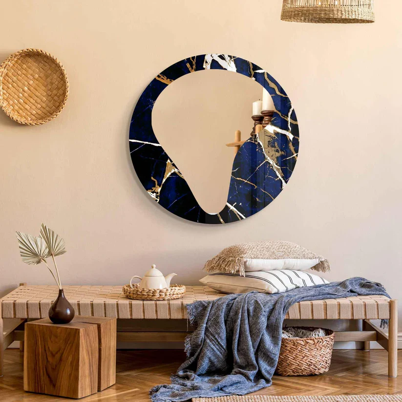 Modern Art Inspired Round Acrylic Wall Mirror with Marble Effect - Image 3