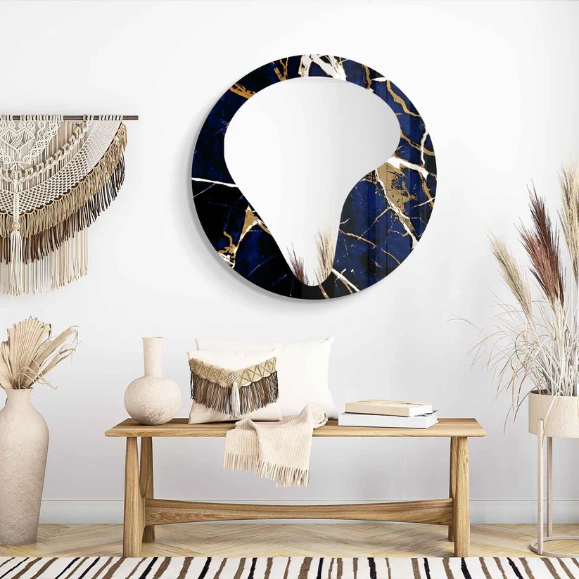 Modern Art Inspired Round Acrylic Wall Mirror with Marble Effect - Image 4