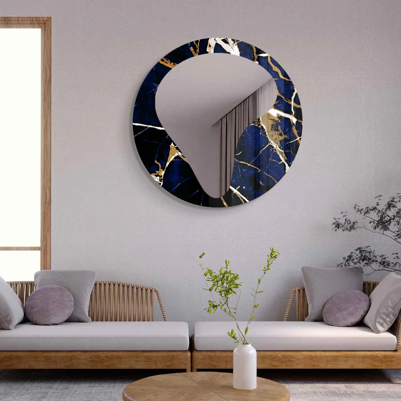 Modern Art Inspired Round Acrylic Wall Mirror with Marble Effect - Image 5