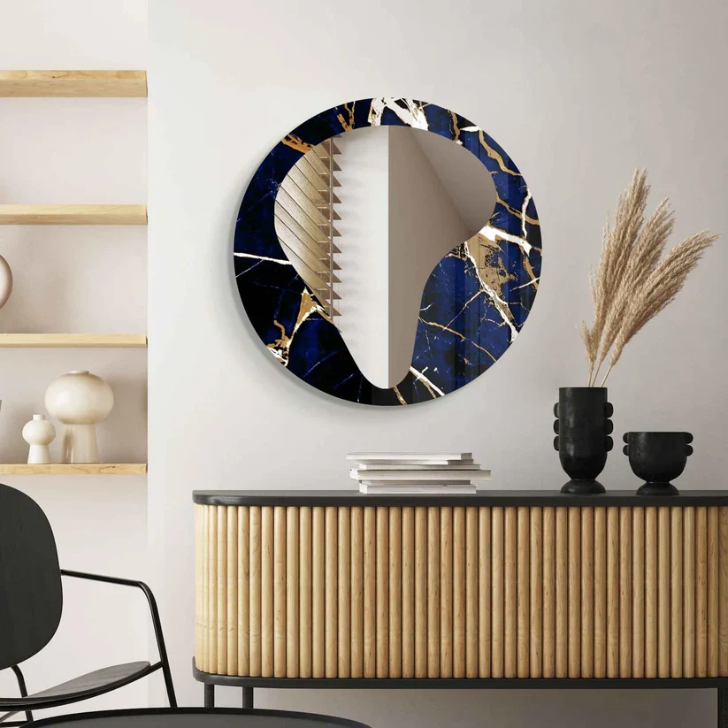 Modern Art Inspired Round Acrylic Wall Mirror with Marble Effect - Image 6