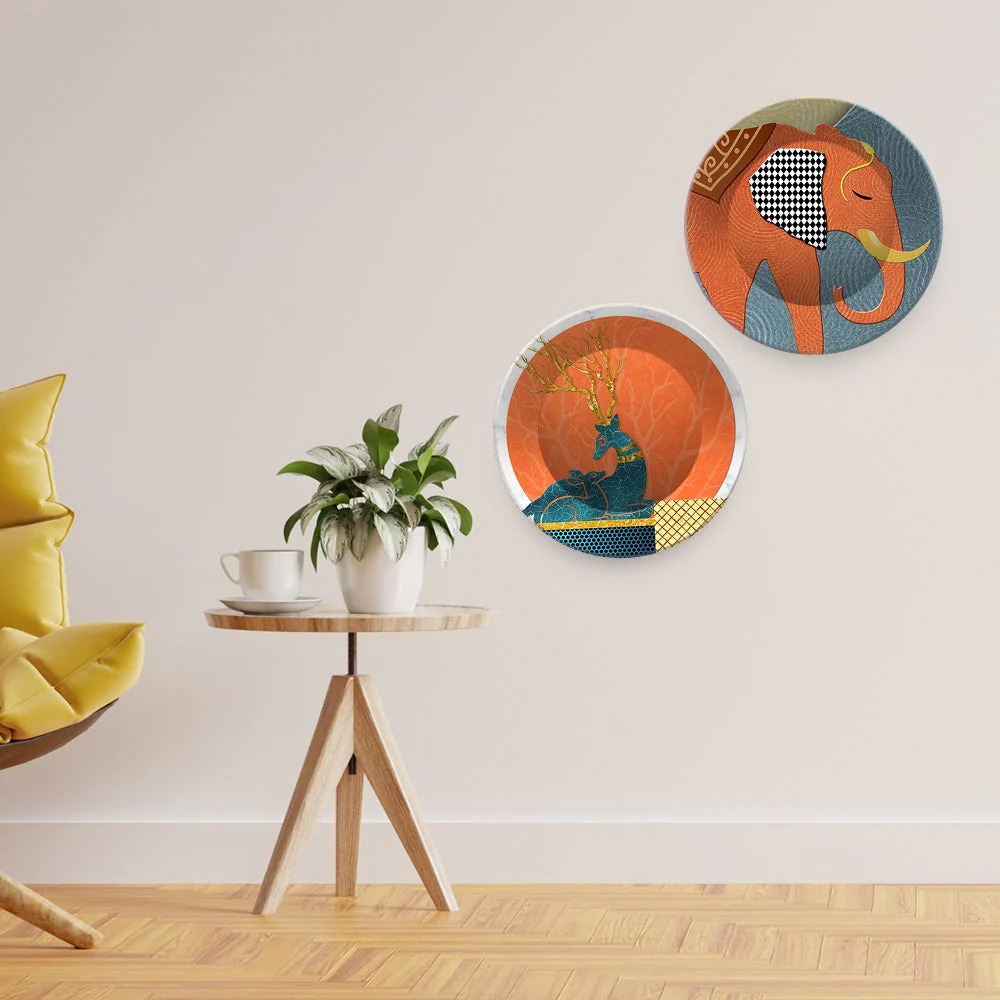 Modern Art of Elephant Wall Hanging Plates of Two Pieces - Image 2