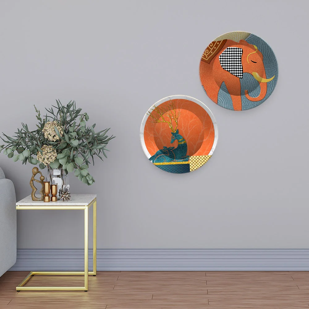 Modern Art of Elephant Wall Hanging Plates of Two Pieces - Image 3