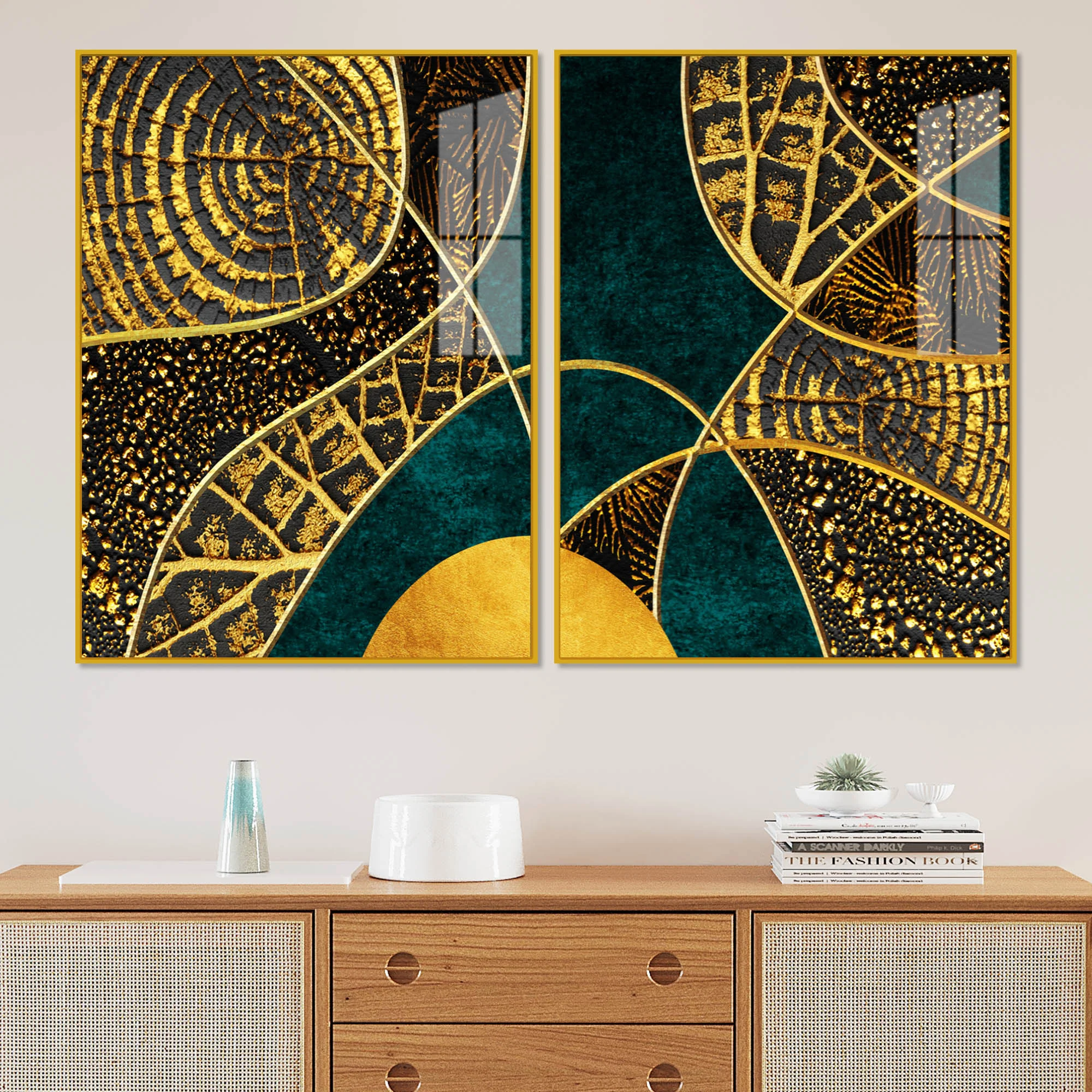 Modern Art of Golden Crystal Textured Acrylic Art Floating Wall Painting Set of 2 - Image 2