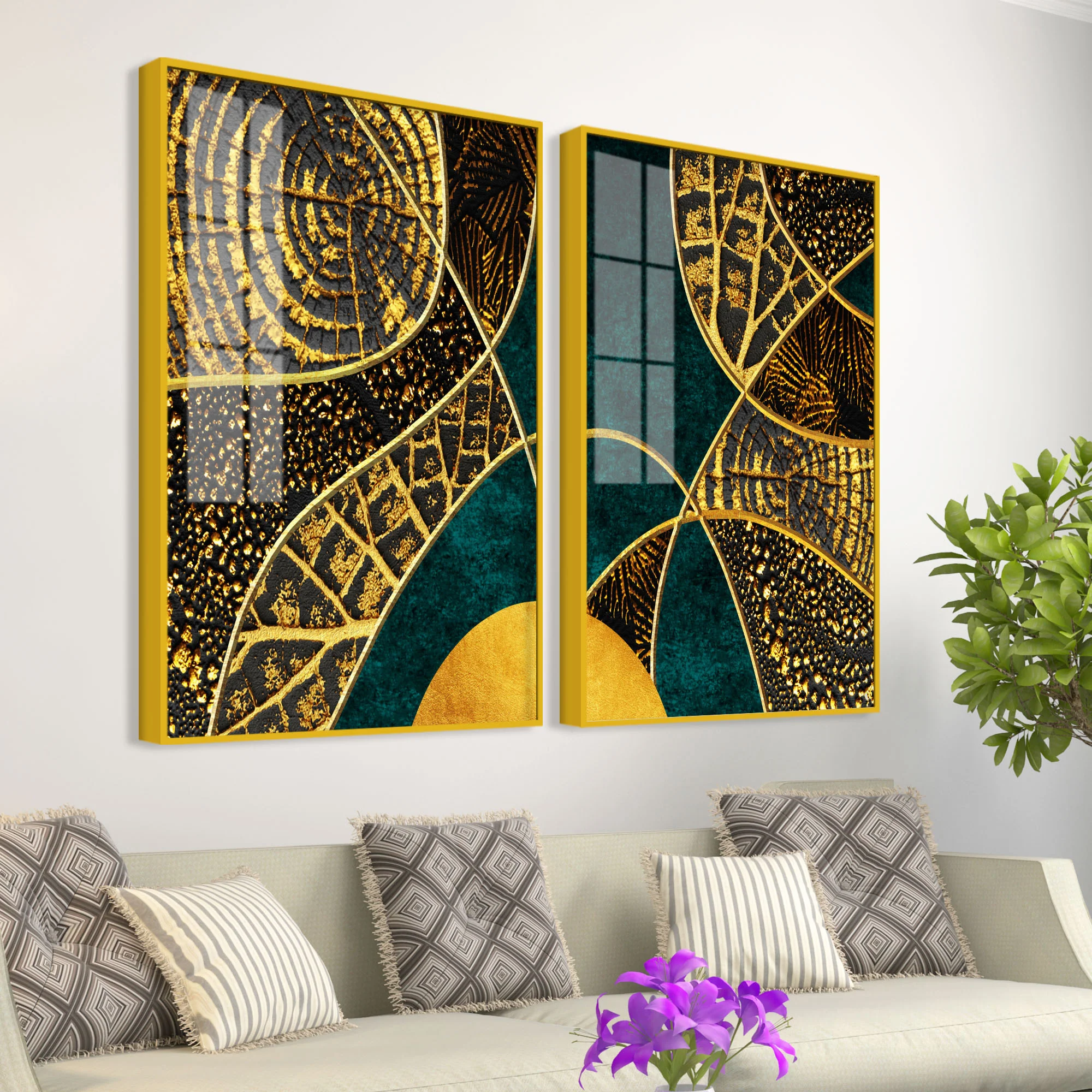 Modern Art of Golden Crystal Textured Acrylic Art Floating Wall Painting Set of 2 - Image 3