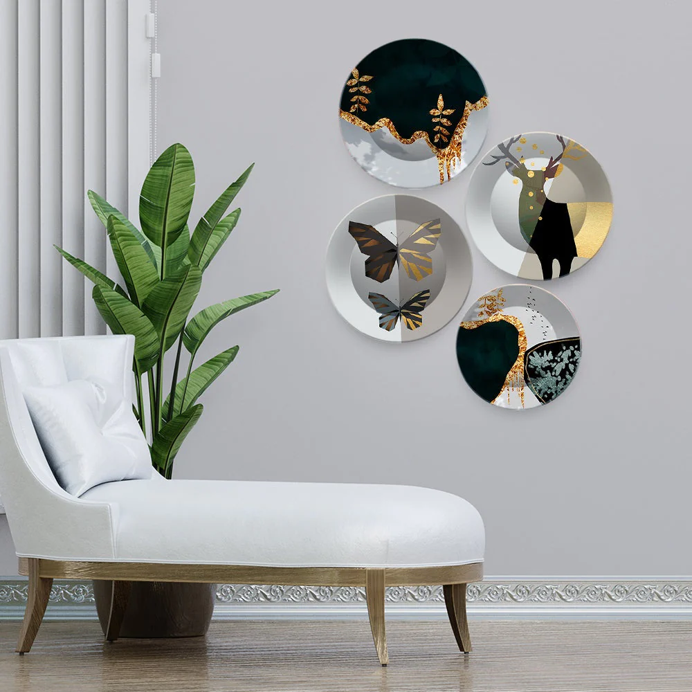 Modern Art of Golden Tuxtred Wall Plates Painting Set of Four - Image 2