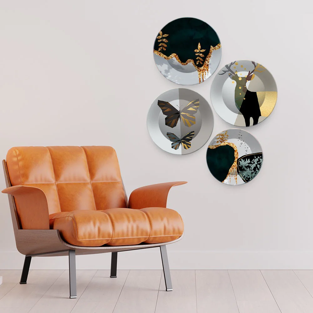Modern Art of Golden Tuxtred Wall Plates Painting Set of Four - Image 3