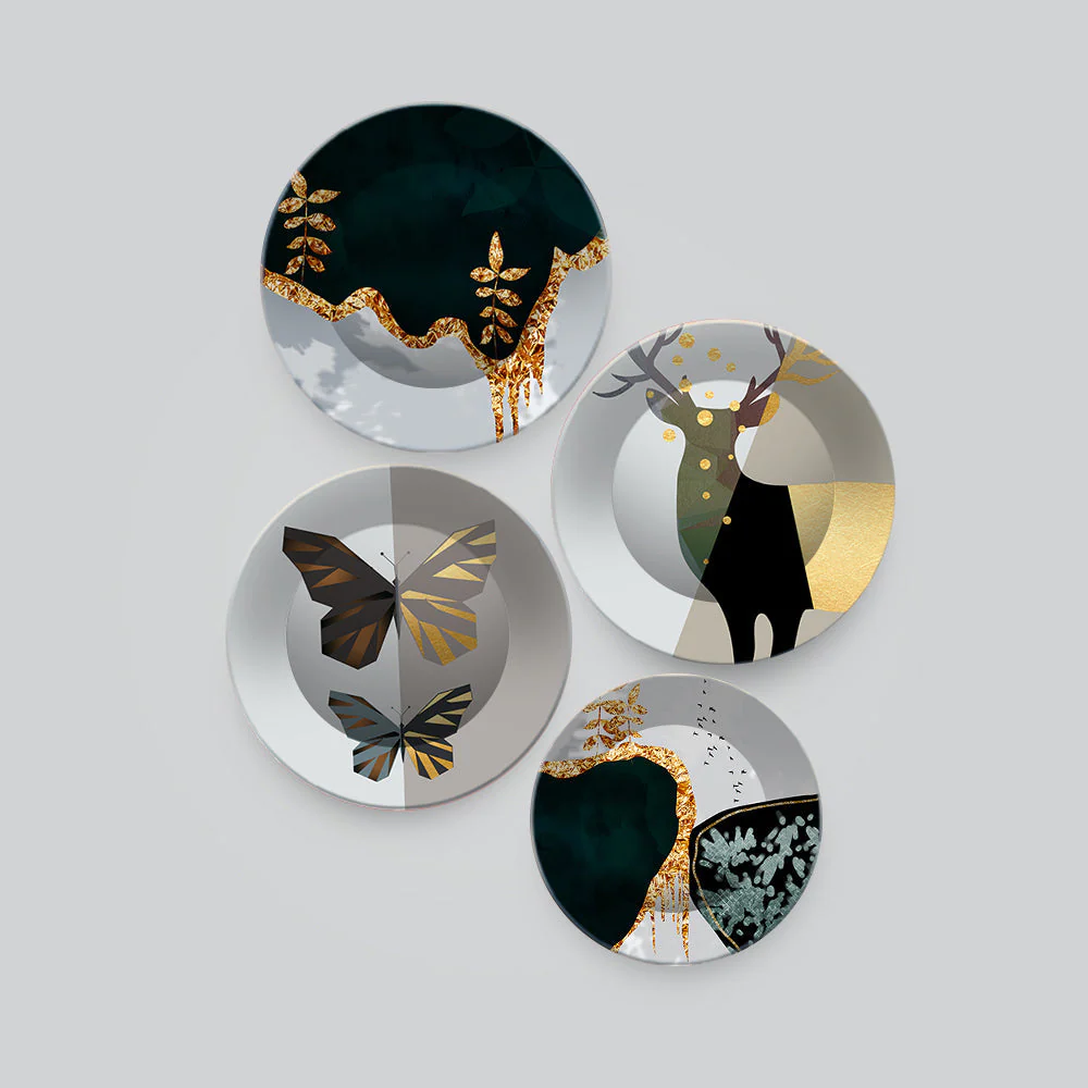 Modern Art of Golden Tuxtred Wall Plates Painting Set of Four - Image 4