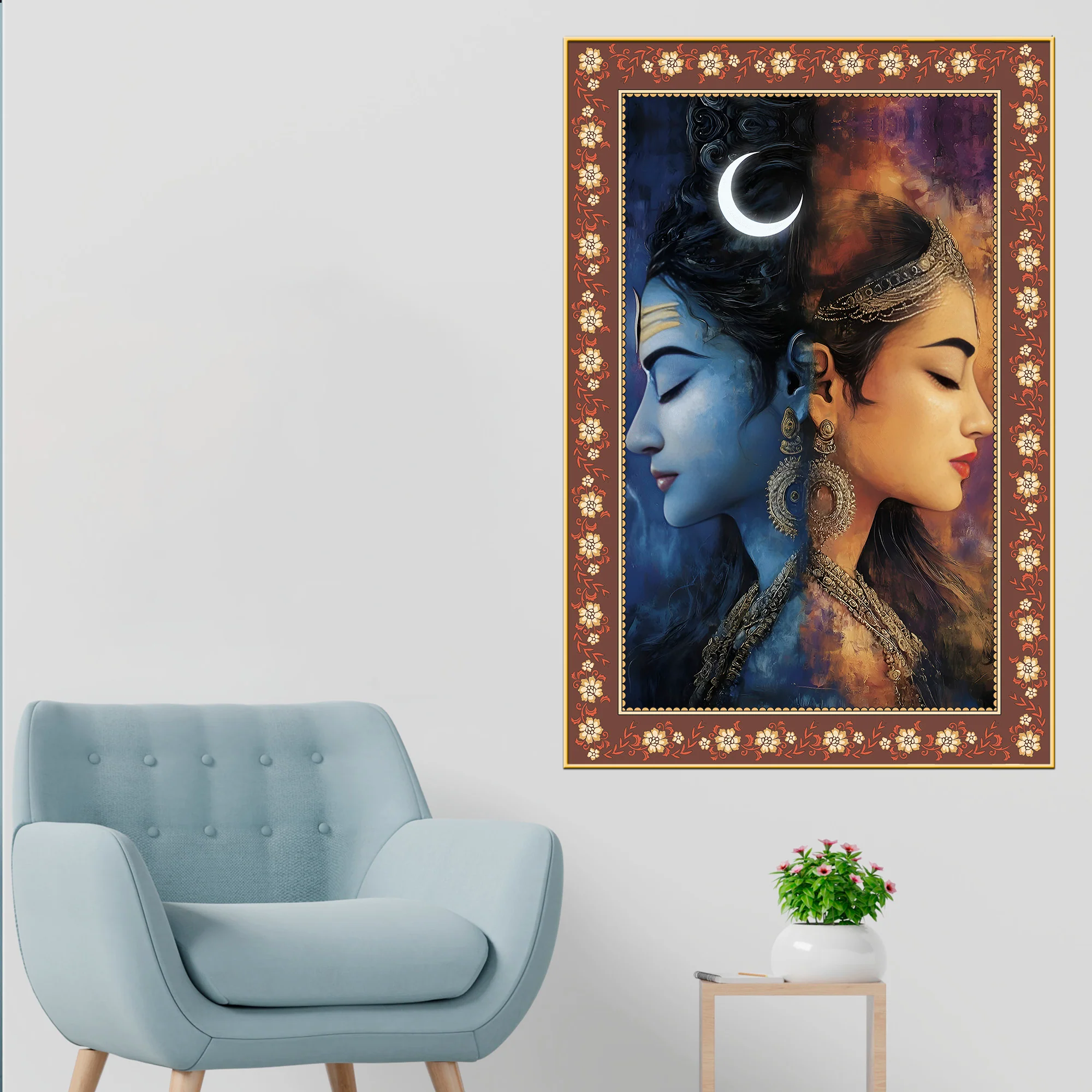 Modern Art Shiva Parvati Floral Border Vertical Wall Painting - Image 3