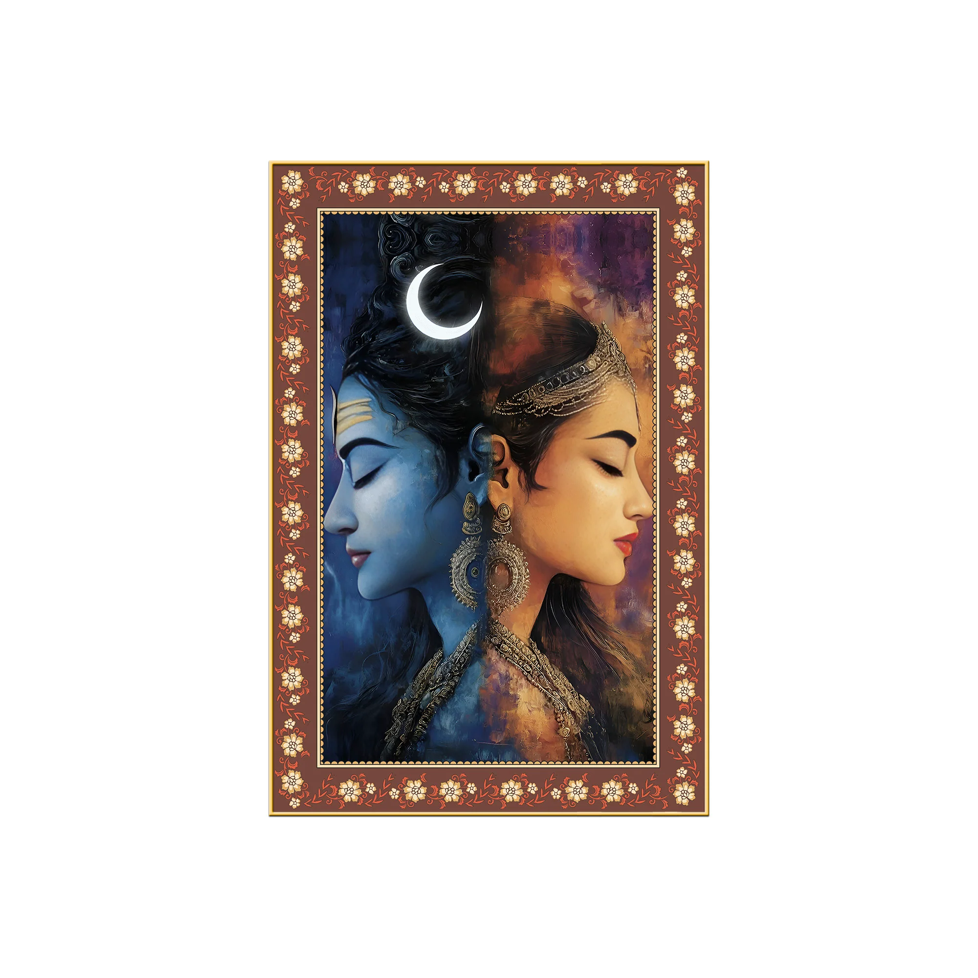 Modern Art Shiva Parvati Floral Border Vertical Wall Painting - Image 4