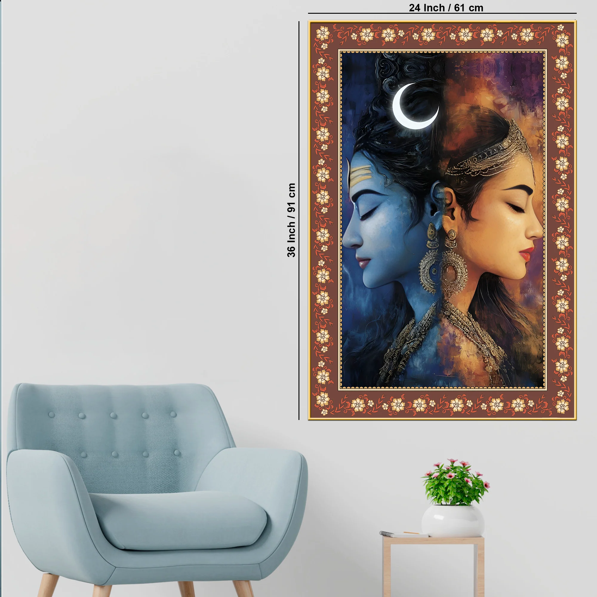 Modern Art Shiva Parvati Floral Border Vertical Wall Painting - Image 6