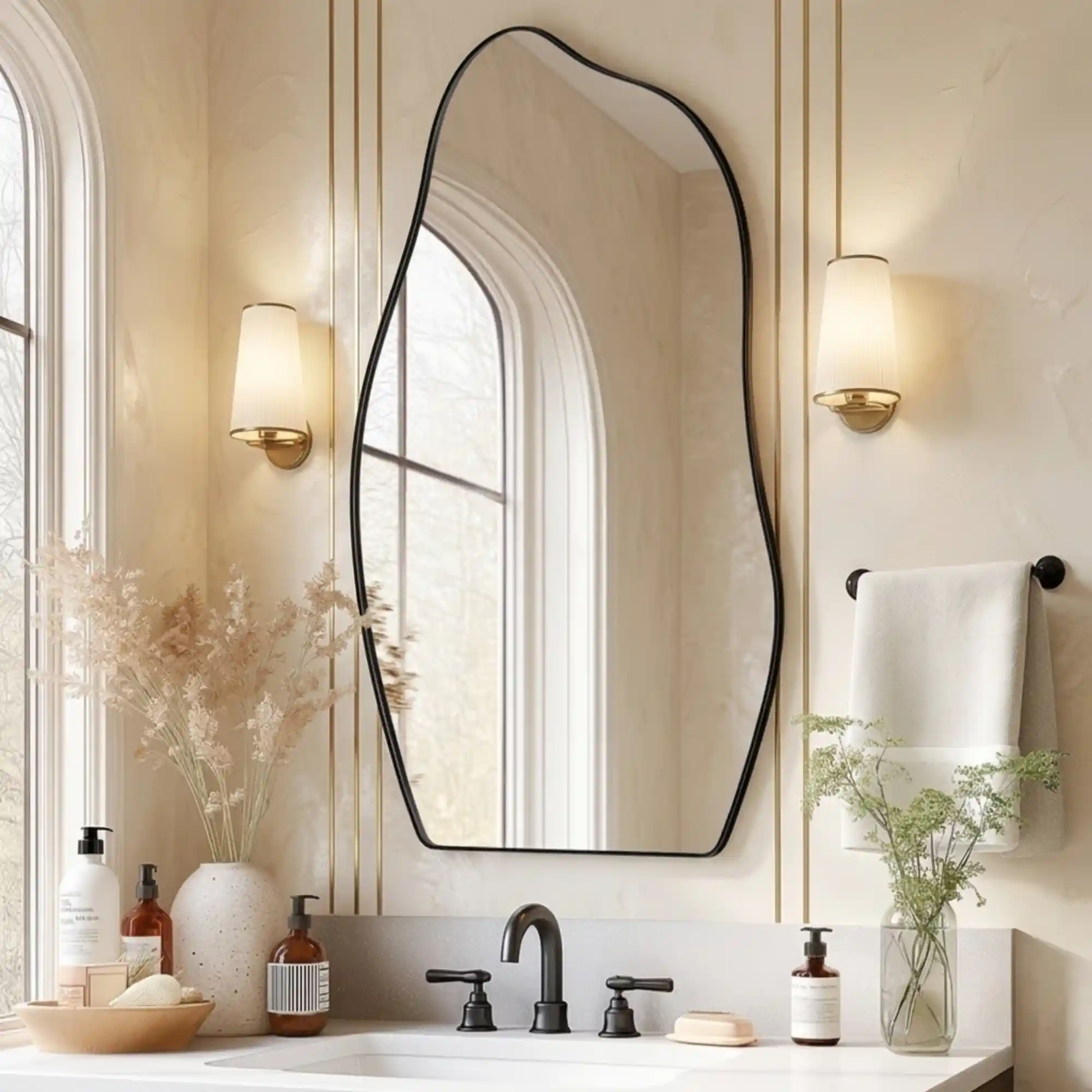 Modern Asymmetrical Wall Mirror with Black Frame for Bathroom - Image 2