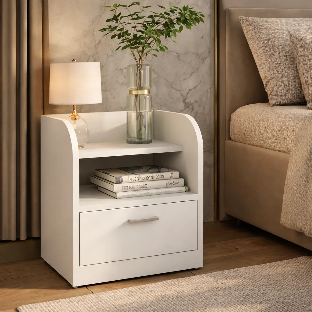Modern Bedside Table with Drawer & Open Shelf - Image 2