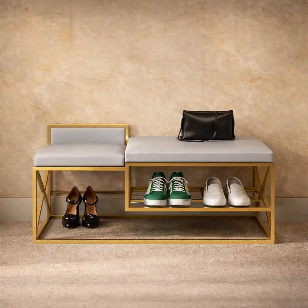 Modern Bench Gray Velvet with Shoe Organizer Rack