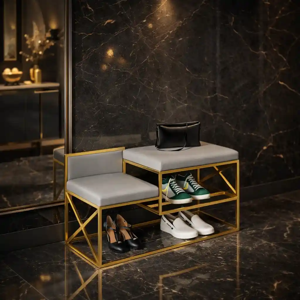 Modern Bench Gray Velvet with Shoe Organizer Rack - Image 3