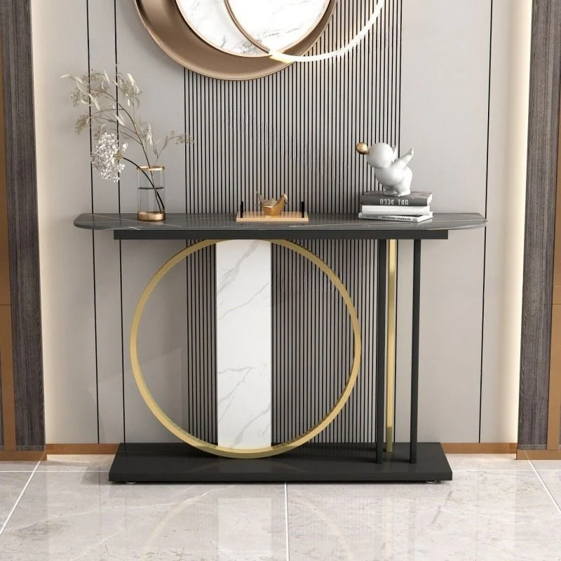 Modern Black Console Table with Gold Ring and Marble Panel - Image 2