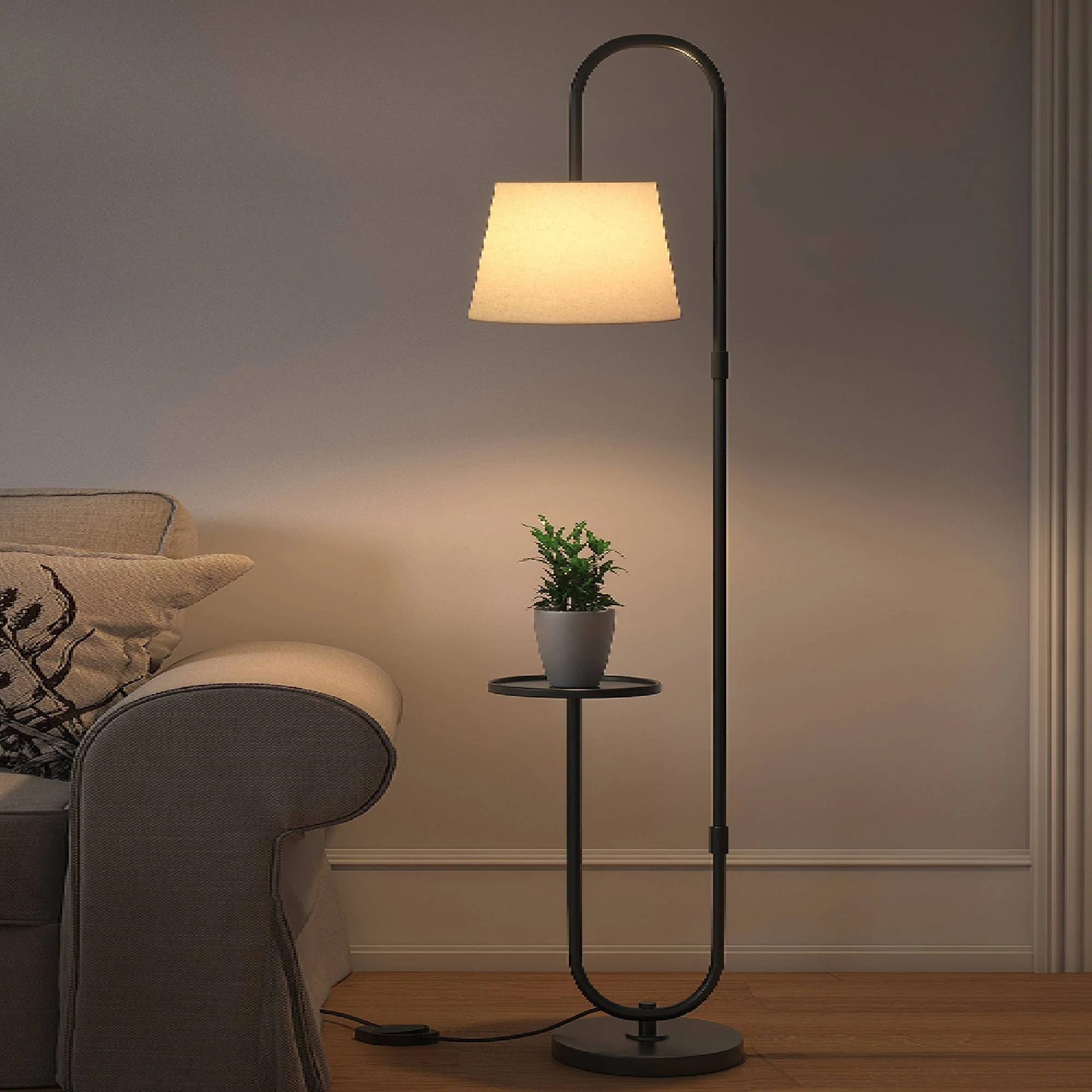 Modern Black Metal Finish Curved Floor Lamp Standing with Table Shelf - Image 2