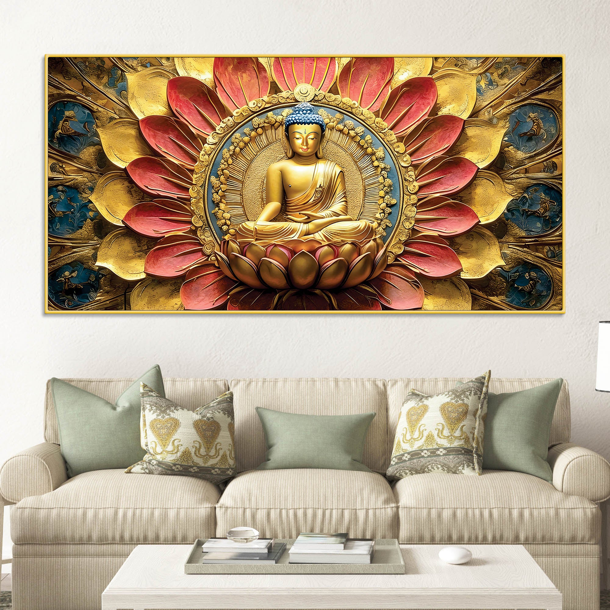 Modern Buddha Painting with Flowers – Spiritual Wall Art - Image 2