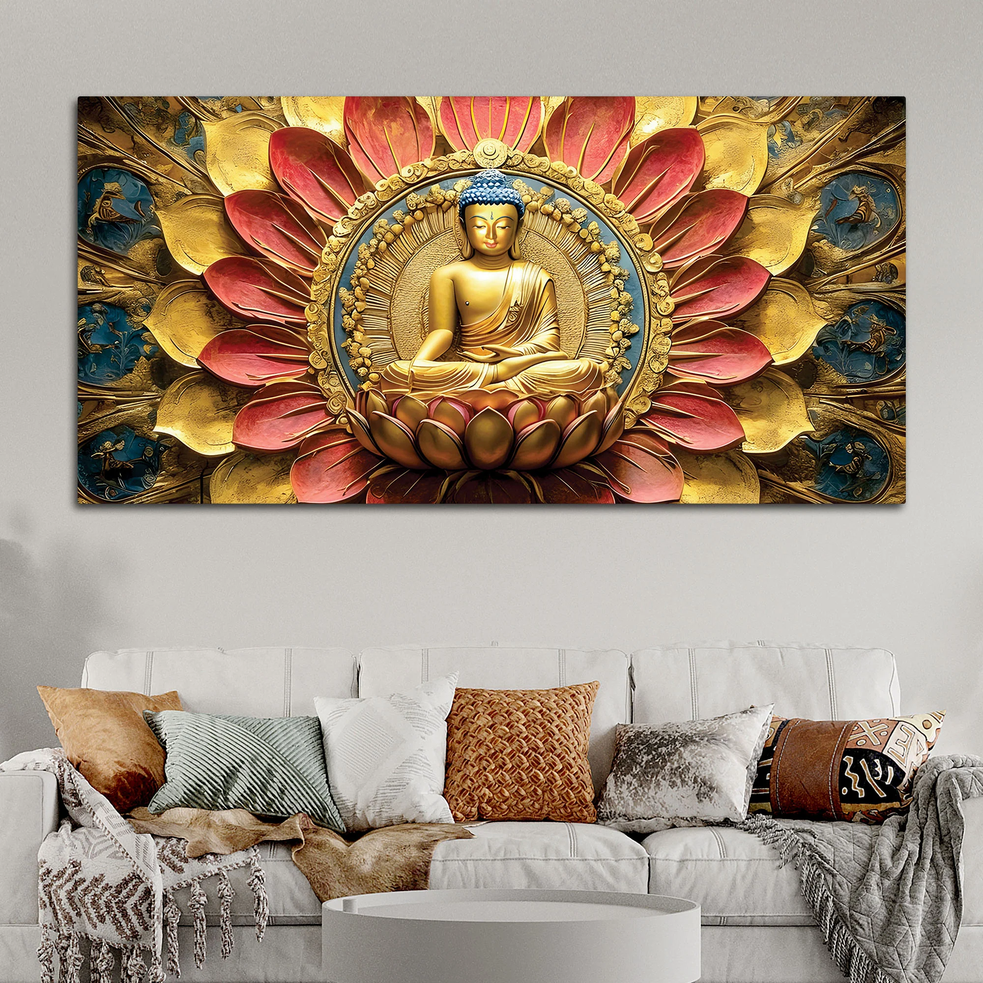 Modern Buddha Painting with Flowers – Spiritual Wall Art - Image 3