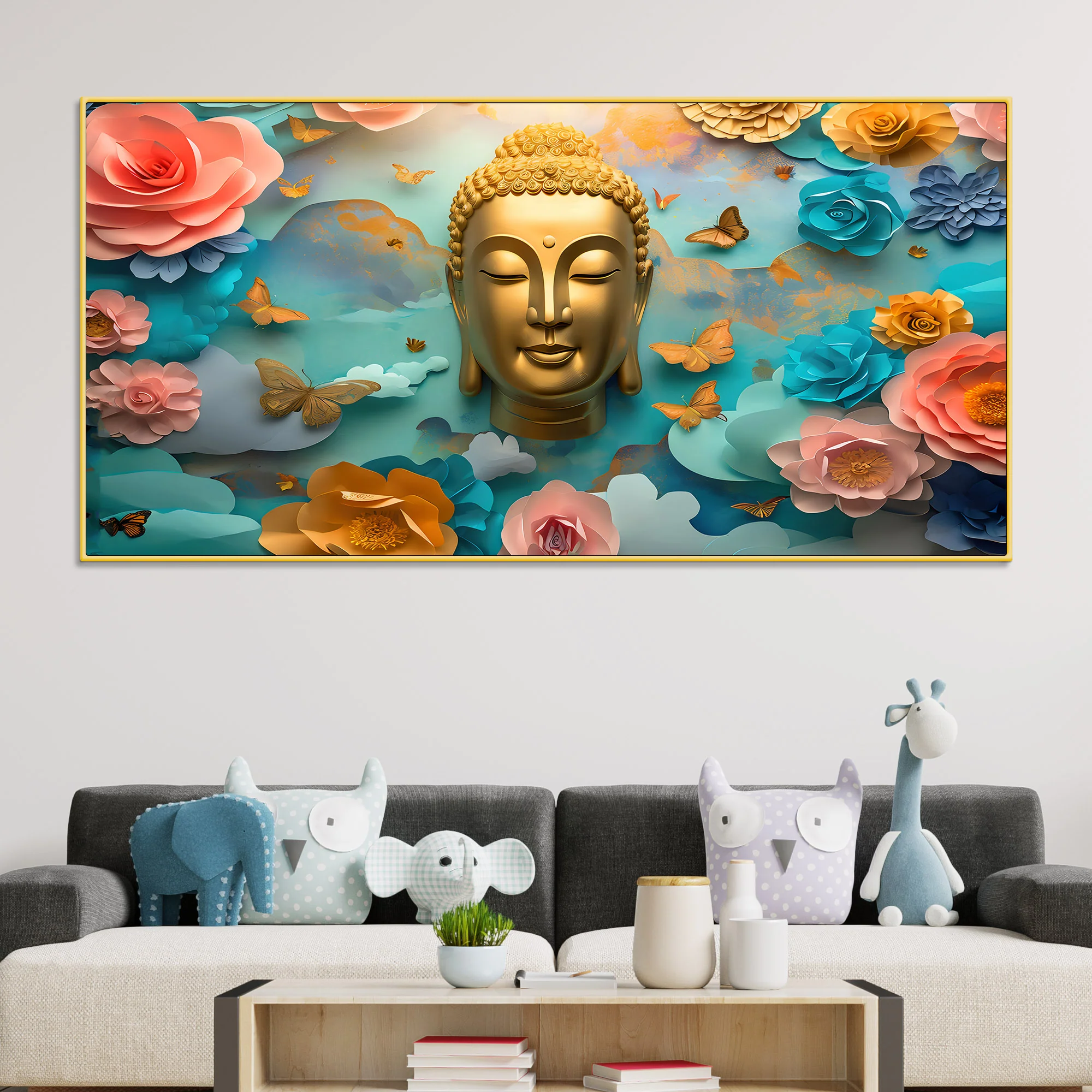 Modern Buddha Wall Painting with Butterflies & Dreamy Florals - Image 2